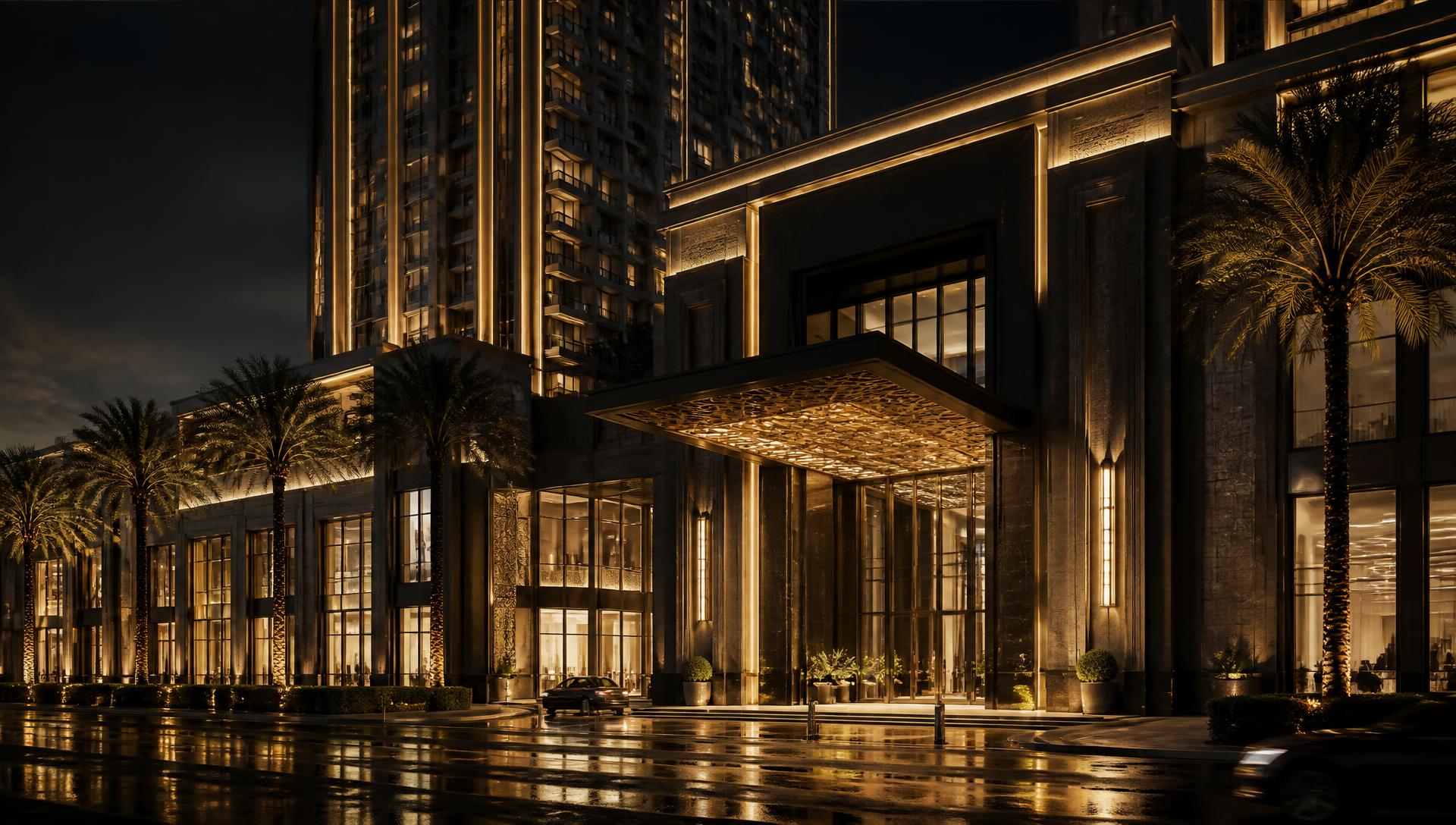 Illuminated luxury commercial development at night